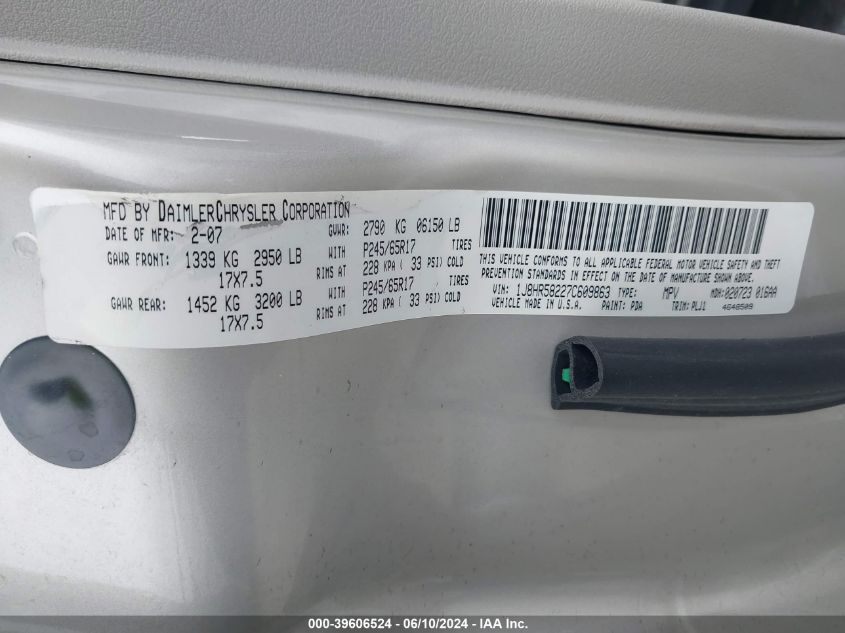 2007 Jeep Grand Cherokee Limited VIN: 1J8HR58227C609863 Lot: 39606524