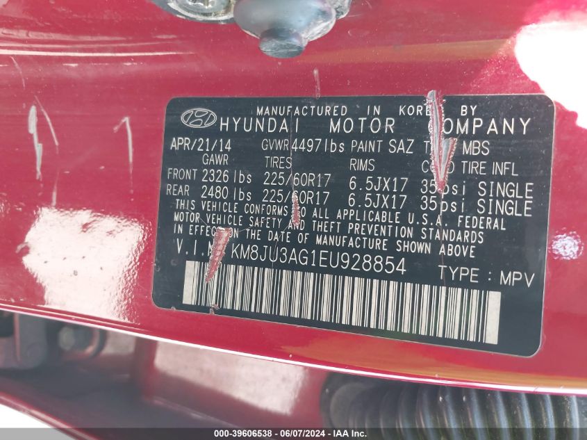 2014 Hyundai Tucson Se VIN: KM8JU3AG1EU928854 Lot: 39606538