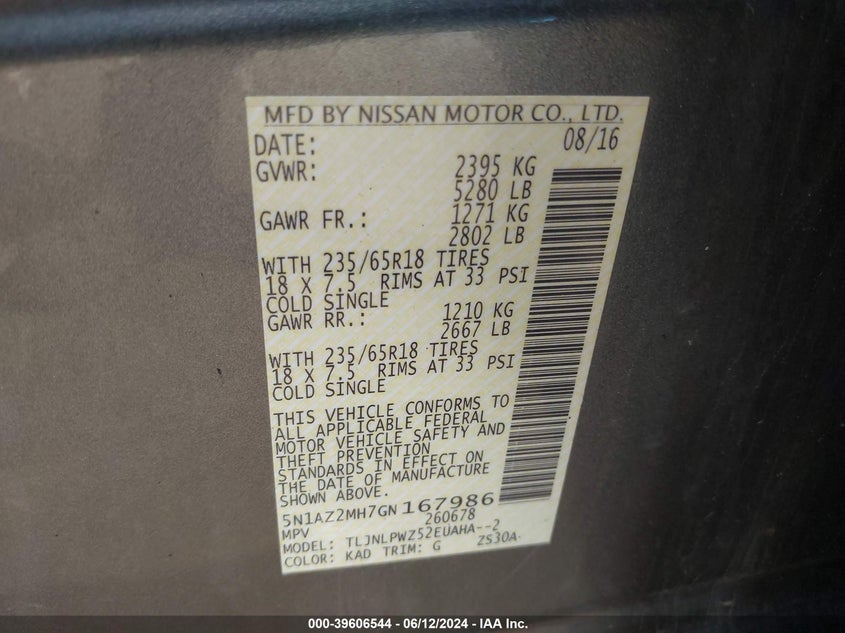 2016 Nissan Murano S VIN: 5N1AZ2MH7GN167986 Lot: 39606544