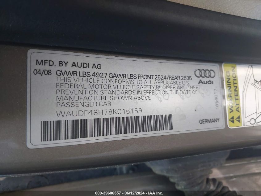 2008 Audi A4 2.0T VIN: WAUDF48H78K016159 Lot: 39606557