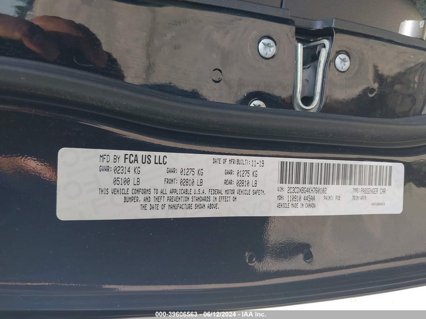 2019 Dodge Charger Sxt Rwd VIN: 2C3CDXBG4KH760102 Lot: 39606563