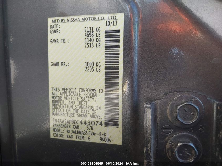 2014 Nissan Maxima 3.5 S/3.5 Sv VIN: 1N4AA5AP9EC443074 Lot: 39606565