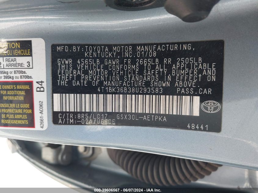 2008 Toyota Avalon Limited VIN: 4T1BK36B38U293583 Lot: 39606567