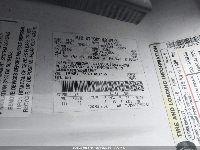 2007 Ford Expedition Eddie Bauer VIN: 1FMFU17507LA07105 Lot: 39606570