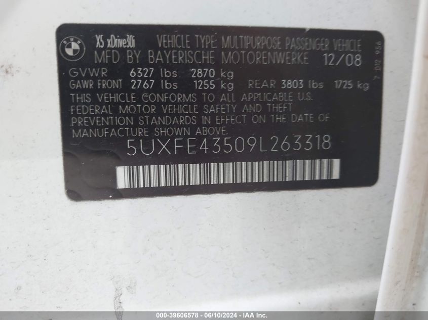 2009 BMW X5 xDrive30I VIN: 5UXFE43509L263318 Lot: 39606578