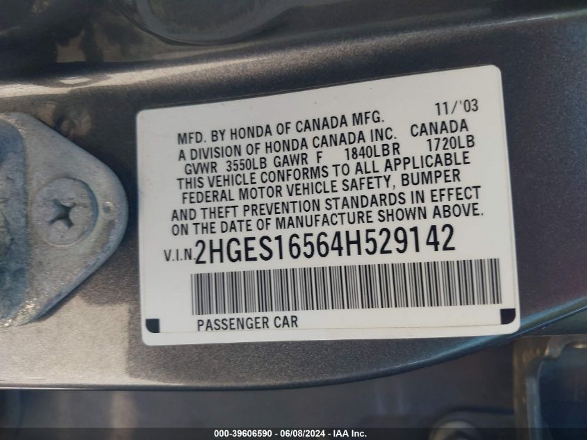 2004 Honda Civic Lx VIN: 2HGES16564H529142 Lot: 39606590