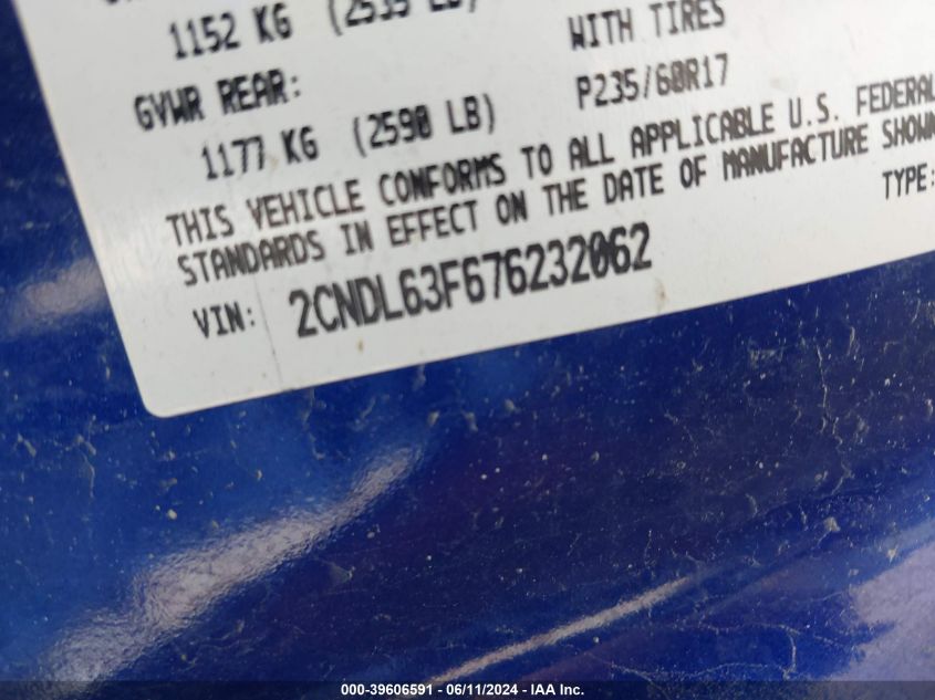 2007 Chevrolet Equinox Lt VIN: 2CNDL63F676232062 Lot: 39606591