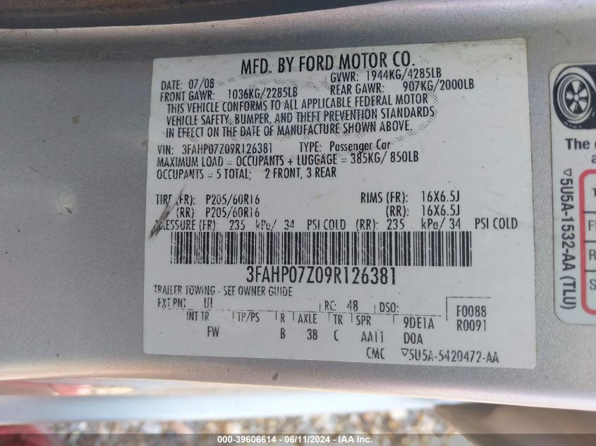 2009 Ford Fusion Se VIN: 3FAHP07Z09R126381 Lot: 39606614