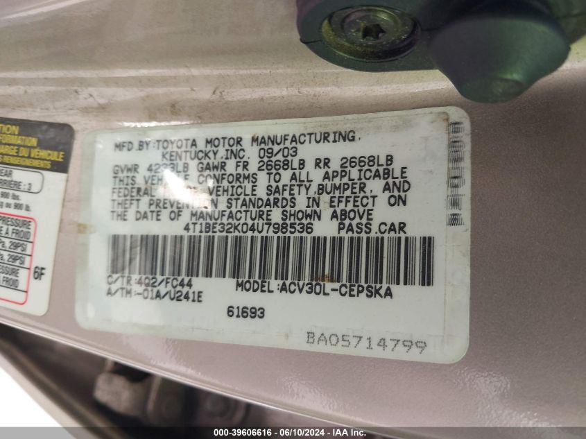 2004 Toyota Camry Se VIN: 4T1BE32K04U798536 Lot: 39606616