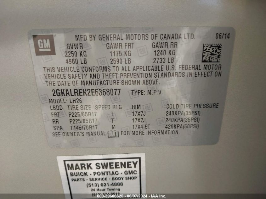 2014 GMC Terrain Sle-2 VIN: 2GKALREK2E6368077 Lot: 39606625