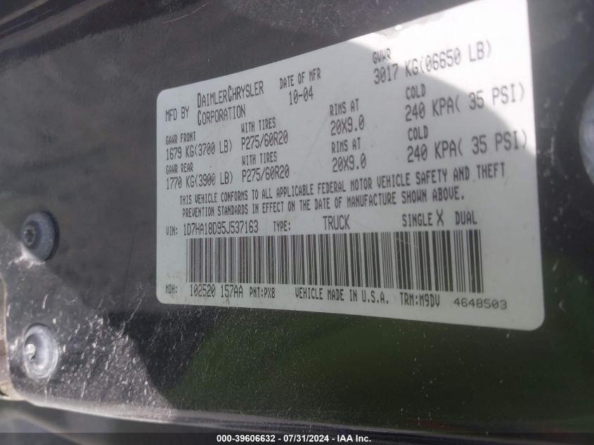 2005 Dodge Ram 1500 VIN: 1D7HA18D95J537163 Lot: 39606632