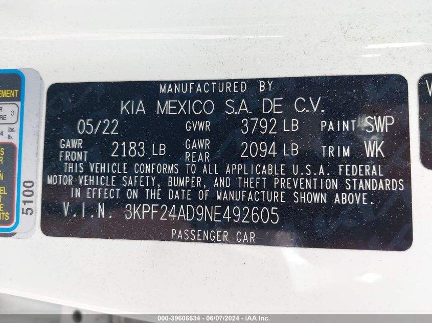 2022 Kia Forte Lxs VIN: 3KPF24AD9NE492605 Lot: 39606634