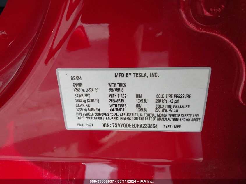 2024 Tesla Model Y Long Range Dual Motor All-Wheel Drive VIN: 7SAYGDEE0RA239864 Lot: 39606637