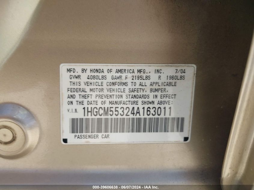 2004 Honda Accord 2.4 Lx VIN: 1HGCM55324A163011 Lot: 39606638