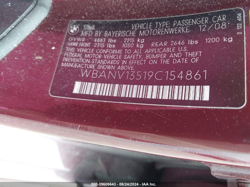 2009 BMW 528I xDrive VIN: WBANV13519C154861 Lot: 39606643