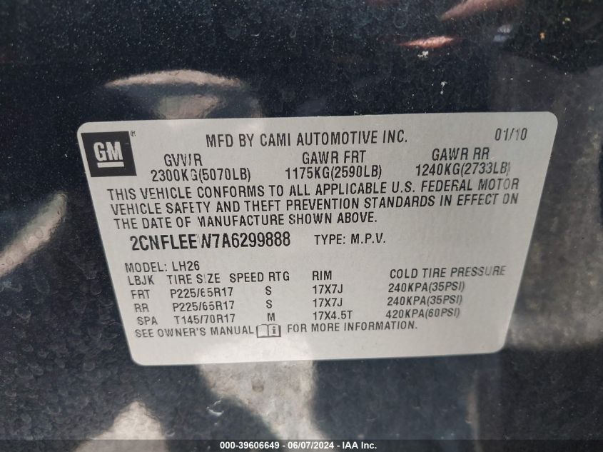 2010 Chevrolet Equinox Lt VIN: 2CNFLEEW7A6299888 Lot: 39606649