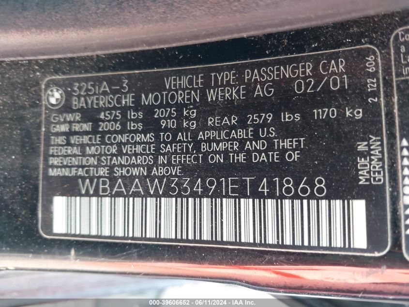2001 BMW 325I VIN: WBAAW33491ET41868 Lot: 39606652