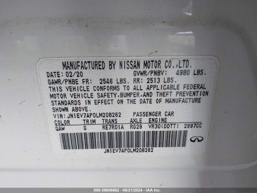 2020 Infiniti Q50 Pure/Luxe/Sport/Edition 3 VIN: JN1EV7AP0LM208262 Lot: 39606662