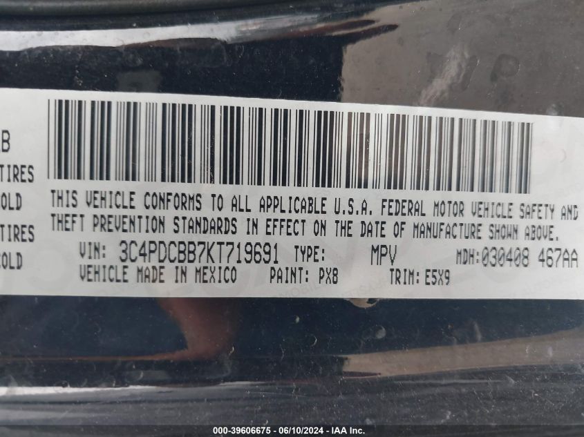 2019 Dodge Journey Se VIN: 3C4PDCBB7KT719691 Lot: 39606675