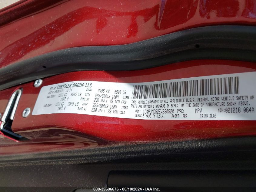 2014 Jeep Cherokee Limited VIN: 1C4PJMDS2EW230920 Lot: 39606676