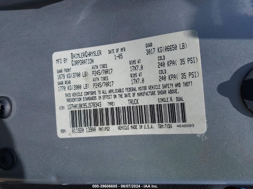 2005 Dodge Ram 1500 St VIN: 1D7HA18K95J578343 Lot: 39606685