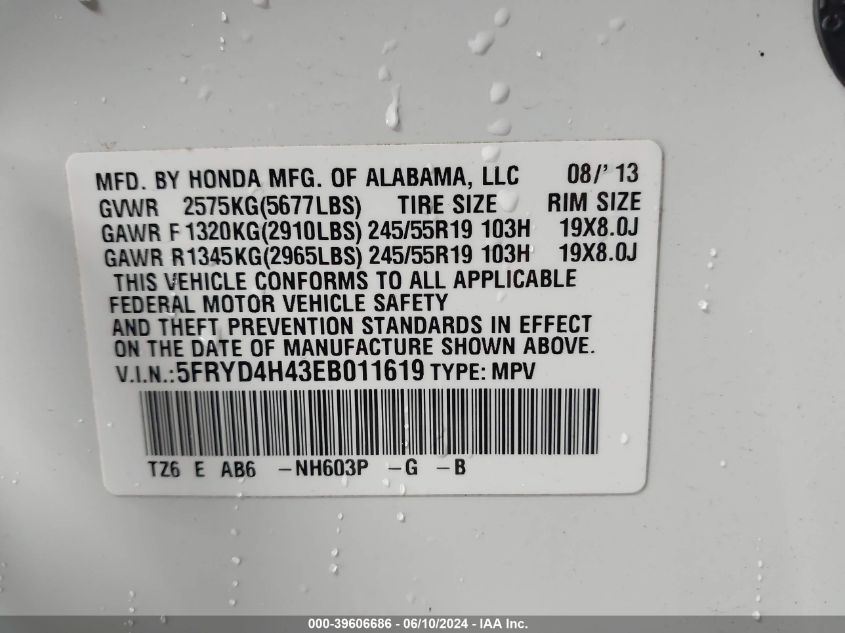 2014 Acura Mdx Technology Package VIN: 5FRYD4H43EB011619 Lot: 39606686
