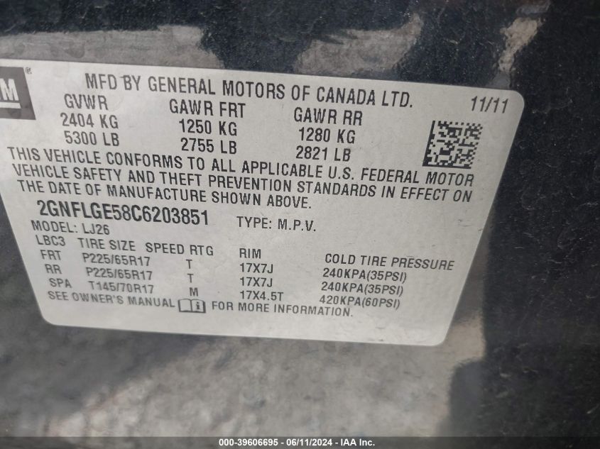 2012 Chevrolet Equinox Ltz VIN: 2GNFLGE58C6203851 Lot: 39606695