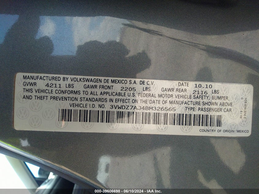 2011 Volkswagen Jetta 2.5L Se VIN: 3VWDZ7AJ4BM326565 Lot: 39606698
