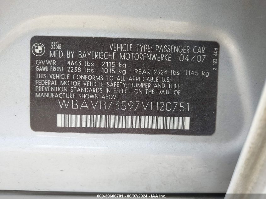 2007 BMW 335I VIN: WBAVB73597VH20751 Lot: 39606701