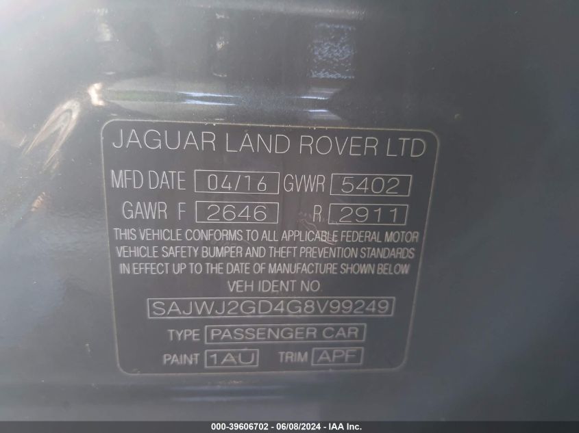 2016 Jaguar Xj Xjl Portfolio VIN: SAJWJ2GD4G8V99249 Lot: 39606702