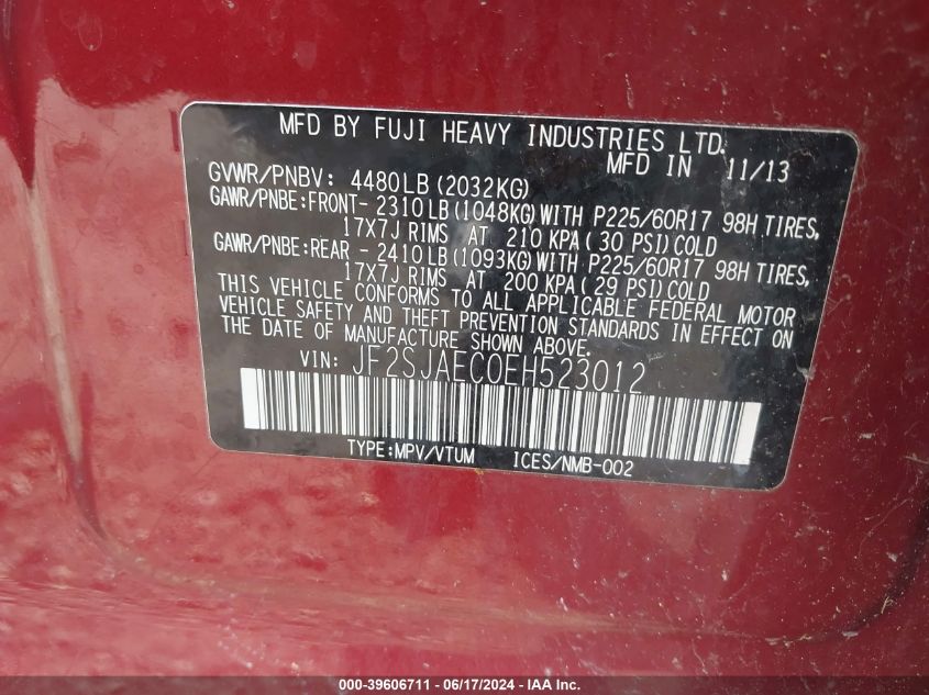 2014 Subaru Forester 2.5I Premium VIN: JF2SJAEC0EH523012 Lot: 39606711
