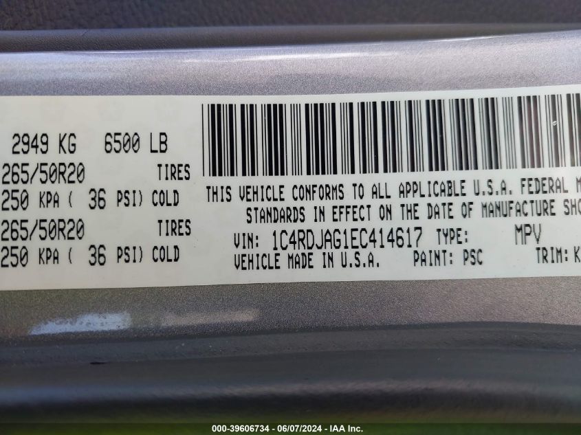 2014 Dodge Durango Sxt VIN: 1C4RDJAG1EC414617 Lot: 39606734