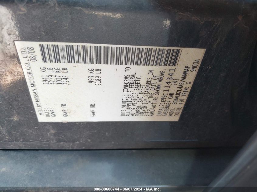 2009 Nissan Altima 2.5 S VIN: 1N4AL21E99C114341 Lot: 39606744