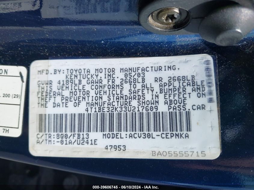 2003 Toyota Camry Le VIN: 4T1BE32K33U217609 Lot: 39606745