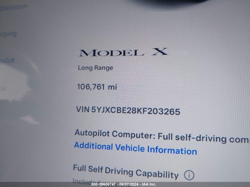 2019 Tesla Model X 100D/75D/Long Range VIN: 5YJXCBE28KF203265 Lot: 39606747