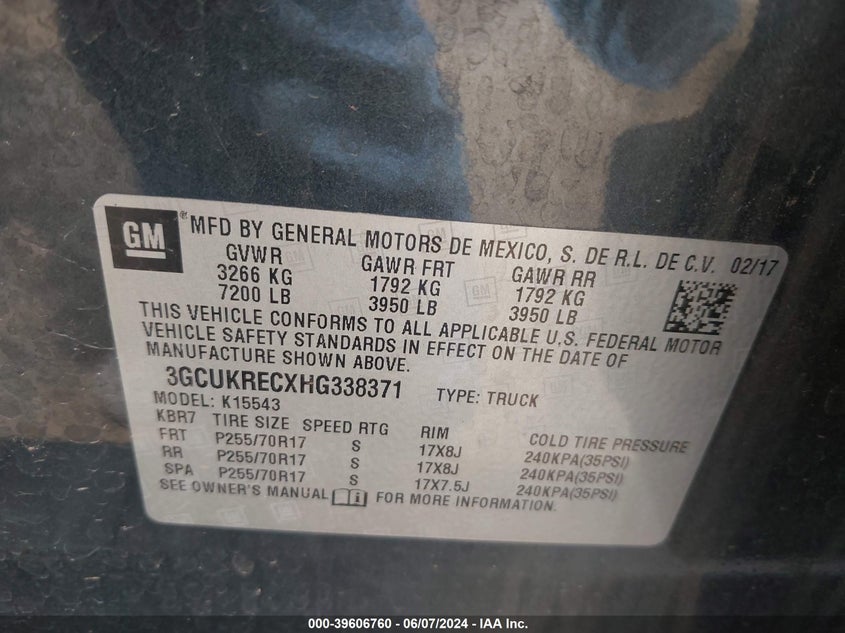 2017 Chevrolet Silverado 1500 1Lt VIN: 3GCUKRECXHG338371 Lot: 39606760