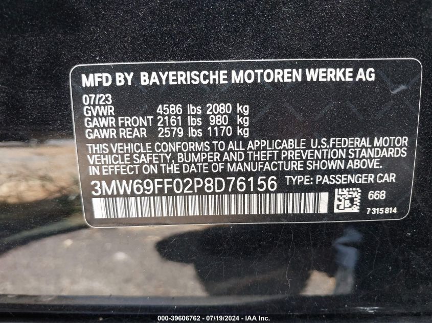2023 BMW 330I VIN: 3MW69FF02P8D76156 Lot: 39606762