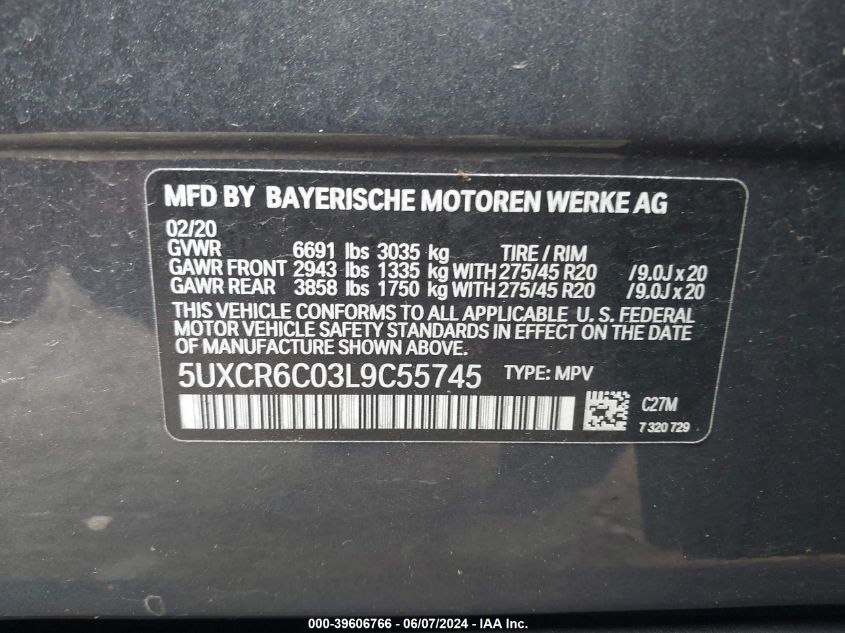 2020 BMW X5 xDrive40I VIN: 5UXCR6C03L9C55745 Lot: 39606766