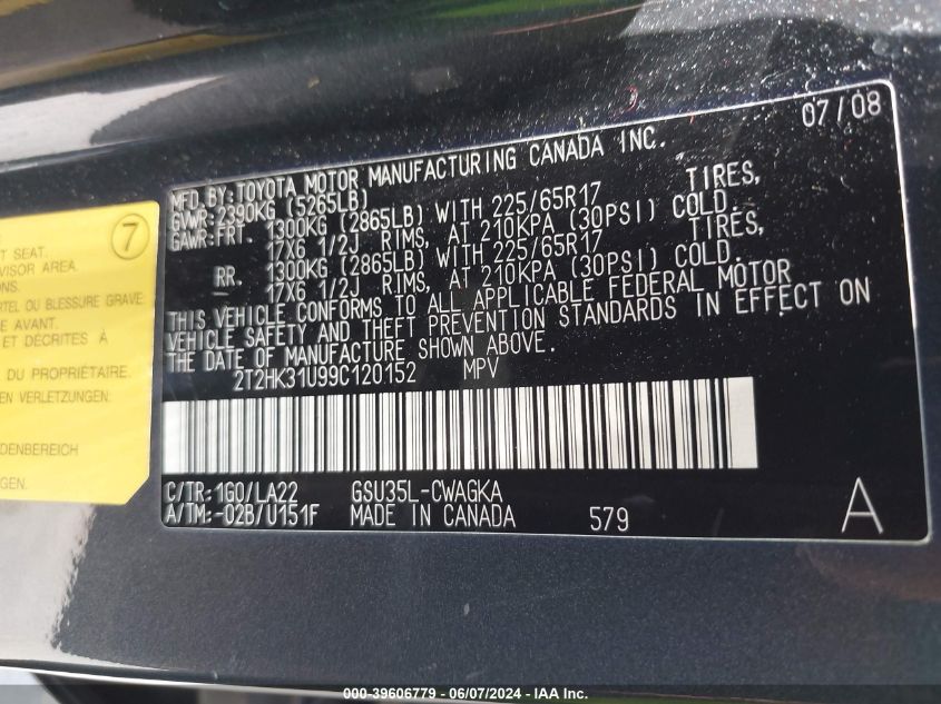 2009 Lexus Rx 350 VIN: 2T2HK31U99C120152 Lot: 39606779