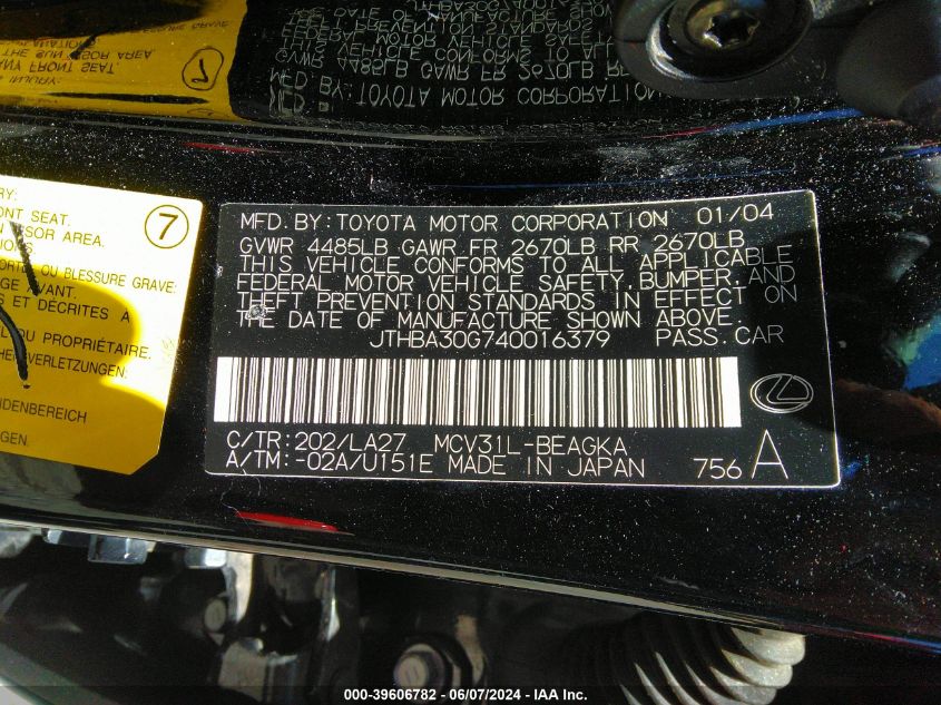 2004 Lexus Es 330 VIN: JTHBA30G740016379 Lot: 39606782