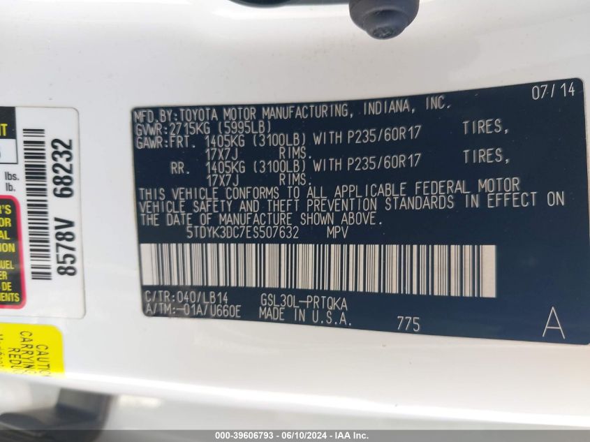 2014 Toyota Sienna Xle/Limited VIN: 5TDYK3DC7ES507632 Lot: 39606793