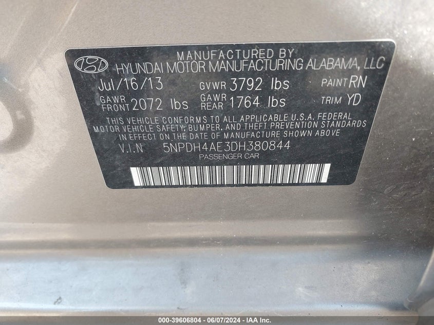 2013 Hyundai Elantra Gls VIN: 5NPDH4AE3DH380844 Lot: 39606804