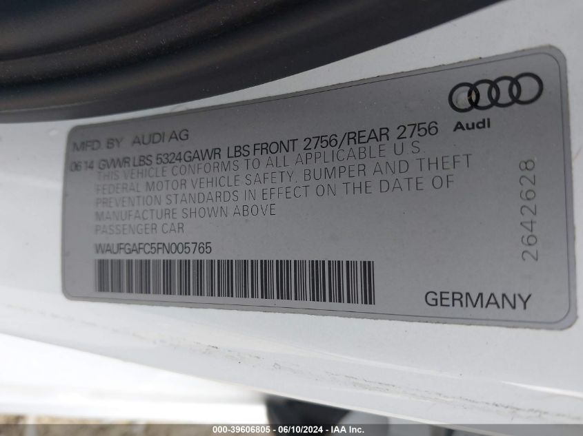 2015 Audi A6 3.0T Premium Plus VIN: WAUFGAFC5FN005765 Lot: 39606805