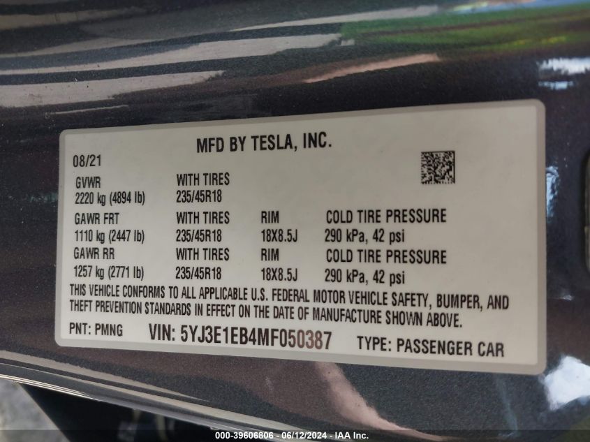 2021 Tesla Model 3 Long Range Dual Motor All-Wheel Drive VIN: 5YJ3E1EB4MF050387 Lot: 39606806