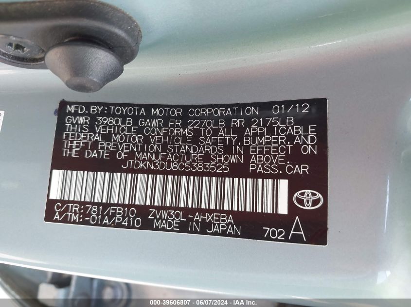 2012 Toyota Prius Two VIN: JTDKN3DU8C5383525 Lot: 39606807