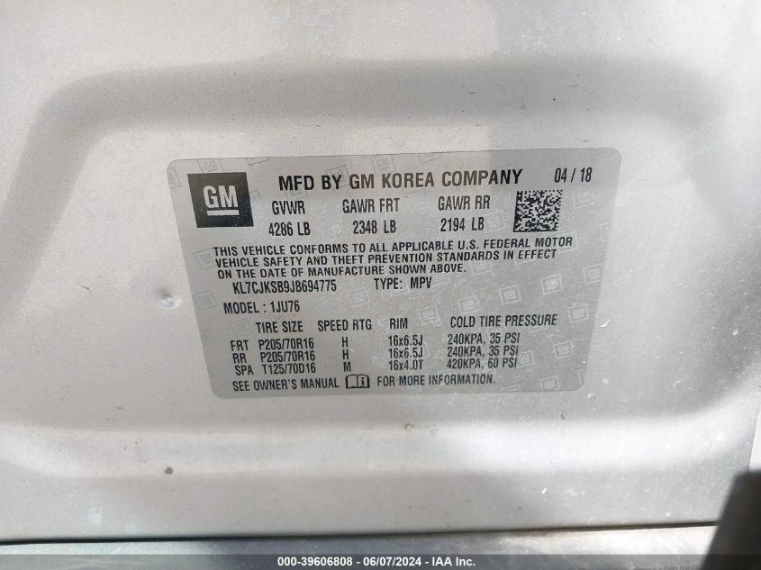 2018 Chevrolet Trax Ls VIN: KL7CJKSB9JB694775 Lot: 39606808