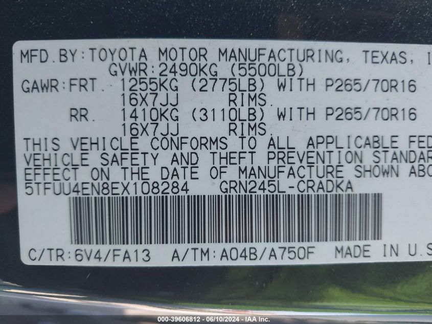 2014 Toyota Tacoma Base V6 VIN: 5TFUU4EN8EX108284 Lot: 39606812