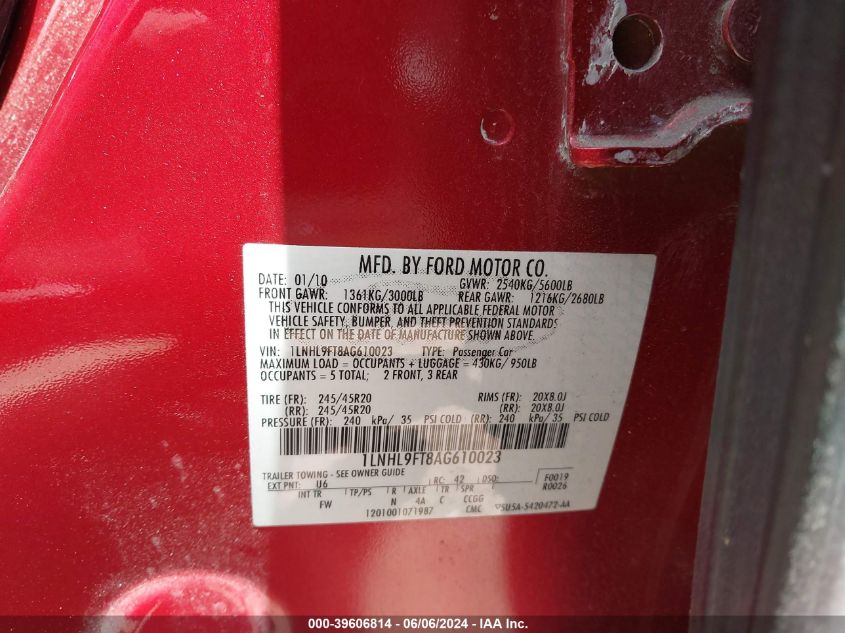 2010 Lincoln Mks Ecoboost VIN: 1LNHL9FT8AG610023 Lot: 39606814