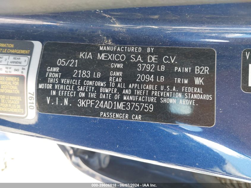 2021 Kia Forte Lxs VIN: 3KPF24AD1ME375759 Lot: 39606818