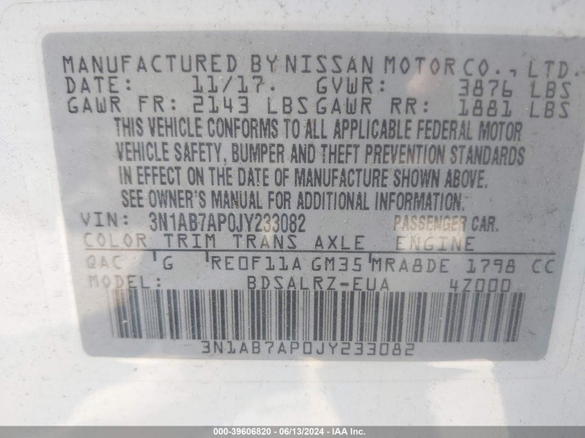 2018 Nissan Sentra Sr VIN: 3N1AB7AP0JY233082 Lot: 39606820